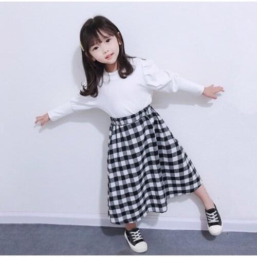 Thunderers Autumn Baby Girl Clothes Puff Long-Sleeve T-shirt+Plaid Skirt Two-piece Suit Spring Kids Girls Casual Clothing Set