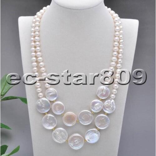 P5747 2row 20" 22mm White Round Coin Freshwater Pearl Necklace