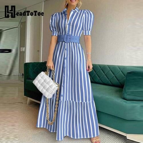 Striped Button Front Puff Sleeve Shirt Dress