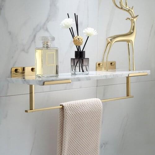 Bathroom Shelf with Towel Bar Bath Shower Shelf White Marble Gold Bath Shampoo Holder Brass Bathroom Storage Luxury Top Chrome