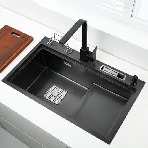 Step-Wise Black Kitchen Sink 304 Stainless Steel Sink Counter Large Scullery Black Nano Single Kitchen Sink with Thawing Table