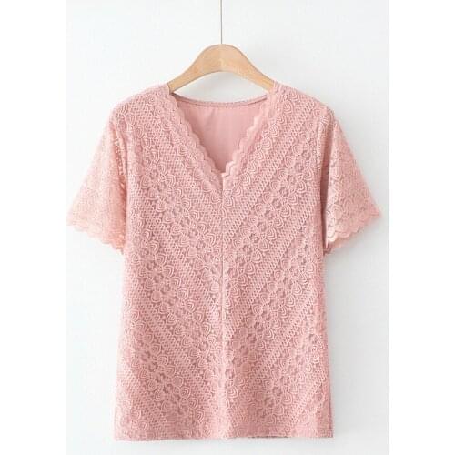 Plus Size XL-4XL Womens V-neck Stretchable Summer Tshirts Casual Floral Embroidery Tops Vintage Oversized OL Shirts