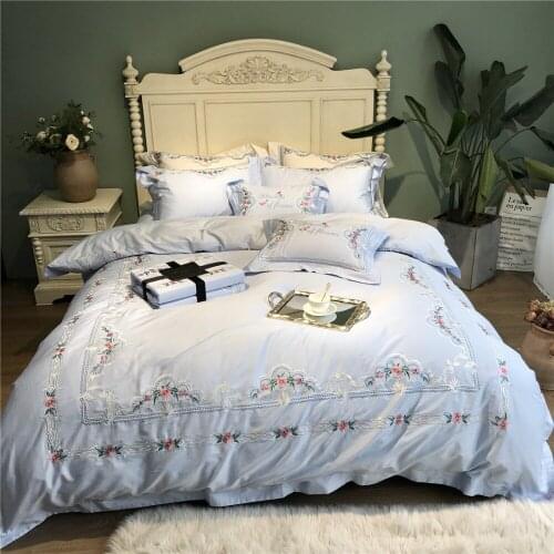 Luxury Blue 80S Egyptian cotton Embroidery Royal Bedding sets Queen King Wedding Duvet cover Bed sheet set Pillowcases 4/6pcs