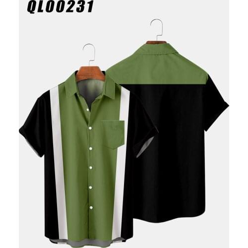 Man Short Sleeve Shirts Casual Turn-down Collar Shirts Fashion Breathable Black Green Patchwork Tops Mens Clothing