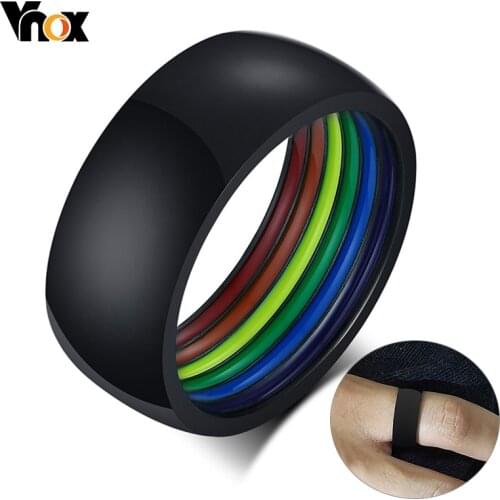 Vnox 8MM Minimalist Style Stainless Steel LGBT Pride Rings for Women Men Rainbow Stripes Inside Dome Shape