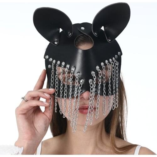 GAMPORL Women Black Metal Chain Cosplay Mask Erotic Fetish Bdsm Cat Girl Leather Mask Halloween Carnival Fancy Dress Party Props