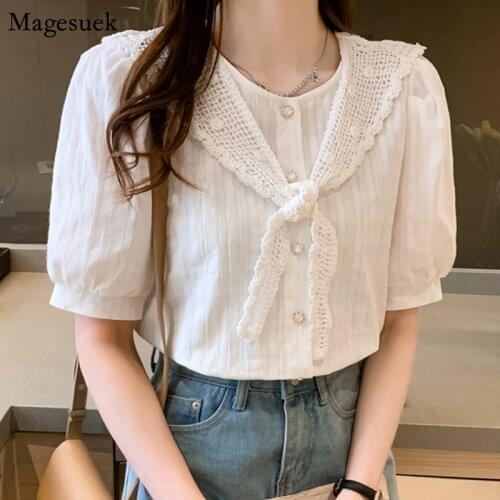 2021 Summer Slim Puff Short Sleeve Blouses Tops Women Korean Knit Shawl Button Casual Shirts Solid Fashion Female Clothing 14167