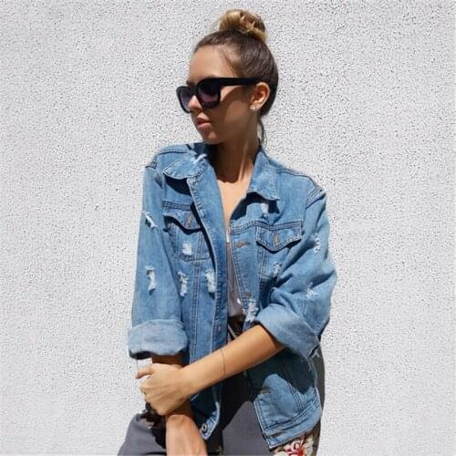Women jacket denim coat vintage long sleeve loose basic coats casual girls outwear fashion hole jeans coat jackets plus size