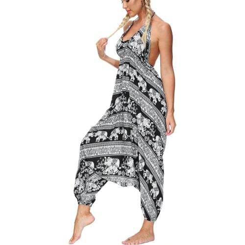 Sexy V Neck with Spaghetti Strap Loose Boho One Piece Beach Jumpsuit Harem Print Jumpsuits For Women