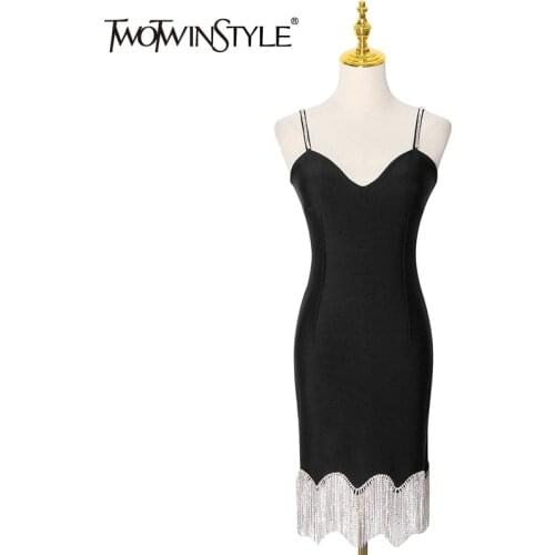 TWOTWINSTYLE Sexy Patchwork Tassel Diamond Womens Dress V Neck Sleeveless High Waist Off Shoulder Slim Party Dresses Female New