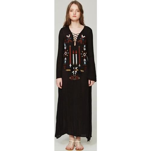 GiseleLee Store Bohemian totem embroidered deep V neck long sleeve dress slit dress