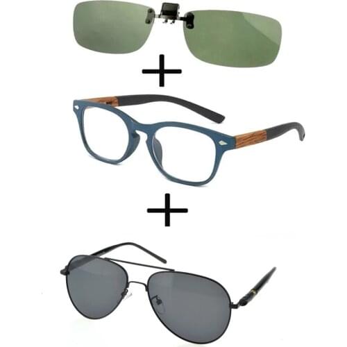 3Pcs!!! Comfortable Wooden Squared Frame Reading Glasses for Men Women + Alloy Polarized Sunglasses Pillot + Sunglasses Clip