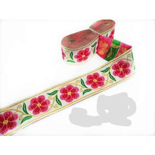 5cm 50mm 2'' Gold Thread Embroidery Pink Cherry Blossoms national jacquard woven ribbon lace webbing curtain coloful trim border