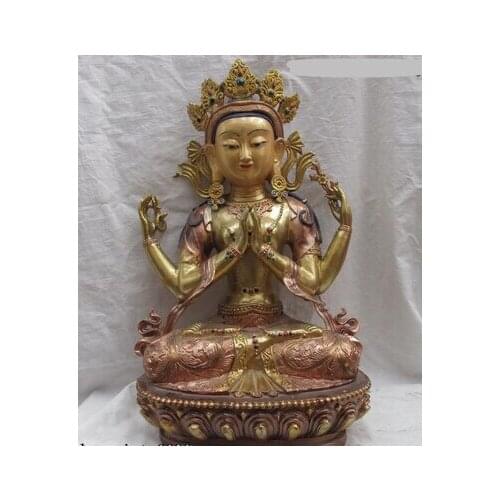 Bi001874 18 Buddhism Bronze Copper Gild Four arms Avalokitesvara Kwan-yin Guan Yin Statue