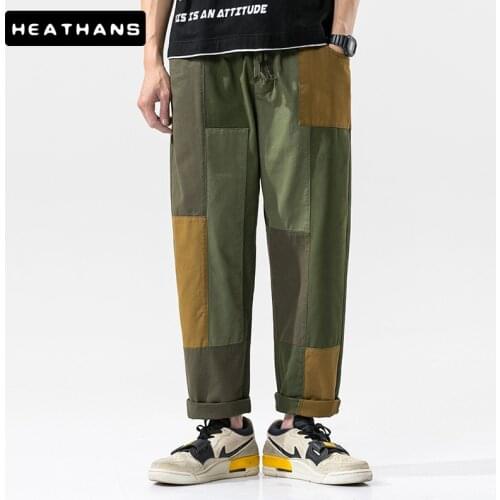 Mens Autumn Trousers Male Japanese Retro Personality Patchwork Elastic Waist Pants Mens Color Contrast Straight Casual Trousers