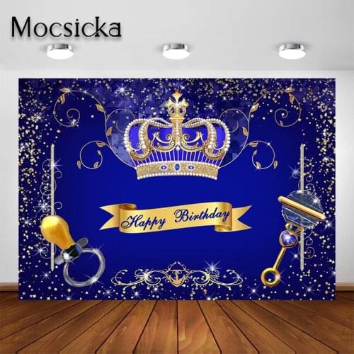 Mocsicka Royal Blue and Gold Prince Birthday Party Photography Backdrop King Crown Happy Birthday Party Decoration Background