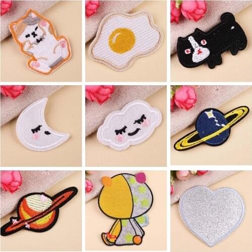 Kawaii Dogs Cats Poached Egg Embroidery Patches Iron On Cartoon Moon Cloud Planet Badges Sewing Appliques for Clothes Parches