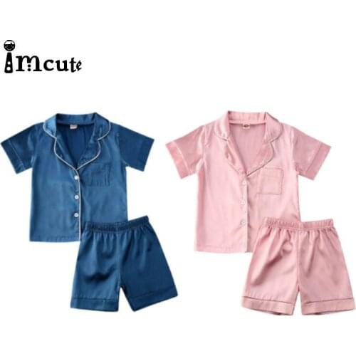 Imcute Girl Nightwear Boy Pajama Sets Kids Pyjamas Silk Satin Tops Shorts Autumn Home Wear Childrens Short Sleeve Sleepwear