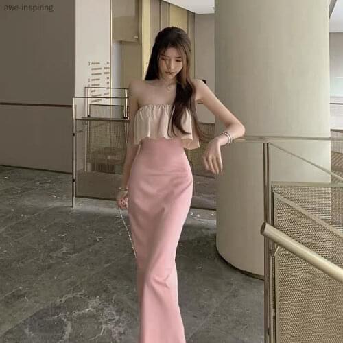 2021 Summer New Sexy Strapless Tube Top Ruffled Dress Ladies Temperament Elegant Stretch Bag Hip Bottoming Long Skirt Slim