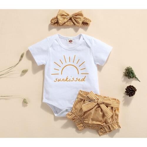 Newest Arrival Baby Newborn Summer Outfits Toddler Sun & Letter Print Short Sleeve Bodysuits+Striped Bowknot Shorts+Headband Set