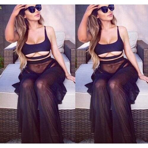 New Women Elastic High Waist Wide Leg Pant Long Pants See Through Sheer Mesh Loose Bottoms Beach Swimsuit Bikini Bottom Cover Up