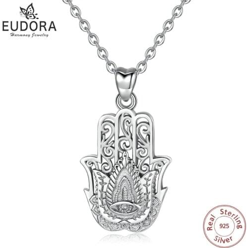 EUDORA 100% 925 Sterling Silver Hamsa Hand Pendant Necklace Good Luck Charm Fine Jewelry Girl Boy Birthday Surprise Gift D283