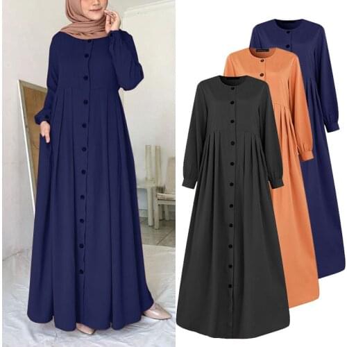 Women Muslim Dubai Abaya Turkey Hijab Dress Turkey Autumn Long Sleeve Buttons Down Sundress Islam Clothing Abayas Maxi Vestidos