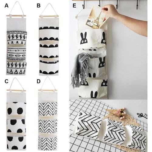 Black White Pattern Cotton Linen Hanging Storage Bag 3 Pockets Wall Mounted Wardrobe Hang Bag Wall Pouch Cosmetic Toys Organizer