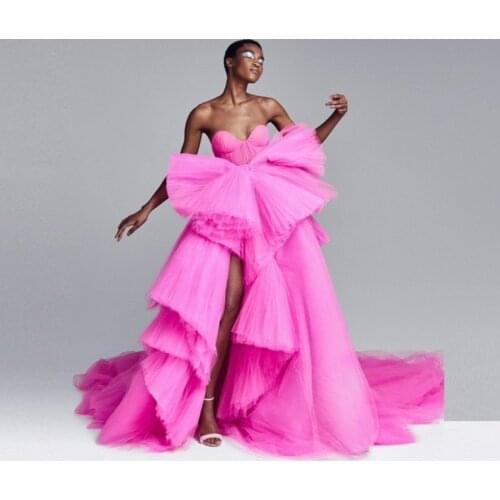 Abendkleider Puffy Off Shoulder Evening Dress Mesh Huge Bow Hot Pink Evening Dresses Tulle Peplum vestido de festa longo abiye