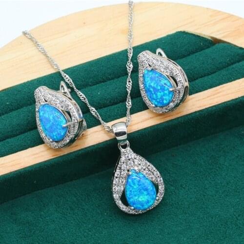 Dubai Blue Opal Bride Silver Color Jewelry Set for Women Birthday Earrings Necklace Pendant Christmas Wedding Gift