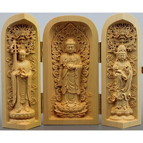 Carved Buddha statue, Western aunt, Sansheng Guanyin Guan Gong box, wood quality crafts, Buddhist ornaments