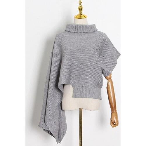 Super Chic Turtleneck Loose Women Knitted Top Casual Batwing Sleeve Irregular Oversized Sweater