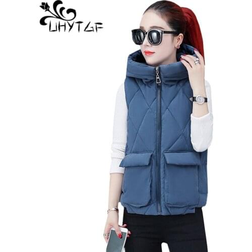 UHYTGF Autumn winter vest women vests 2019 new fashion Down cotton sleeveless warm hooded jacket vest feminino 3XL plus size 518