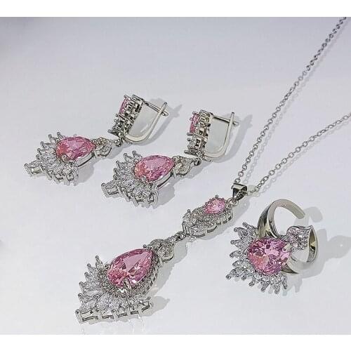 Unique craftsmanship inlaid drop-shaped necklace earrings ring set luxury noble exaggerated ladies party wedding silver jewelry