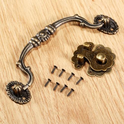 2pcs/set Pull Handle Knob + Lock Hasp Hook Antique Bronze Vintage Decorative Cabinet Jewelry Box Furniture Hardware accessory
