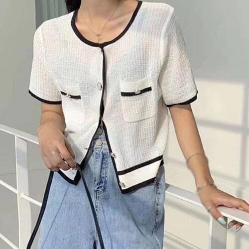 Women Knitted T-Shirts Hollow Out Round Neck T-Shirt Button Short-Sleeved Female Tops