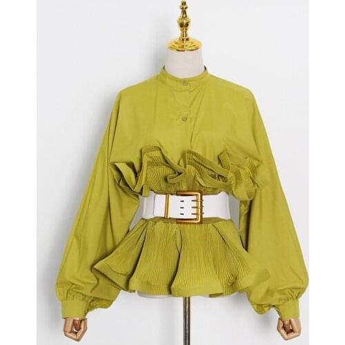 Women Vintage Ruffles Blouse Long Lantern Sleeve High Waist Sashes Pleated Tops Blouses