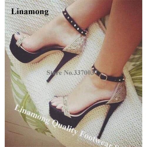 Linamong Shining Bling Bling Rhinestone High Platform Stiletto Heel Sandals Sexy Crystal Rivet Strap High Heel Wedding Sandals