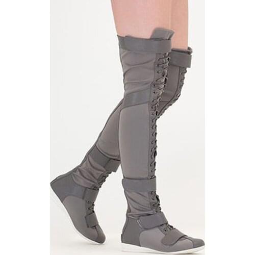Woman Strap Patchwork Stretch Over The Knee Boots Comfortable Flat Sole Round Toe Lace Up Thigh Boots Female High Leisure Boots
