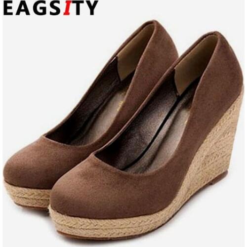 EAGSITY Women suede wedges shoes platform pumps round toe slip on party wedding women high heel shoes casual comfortable