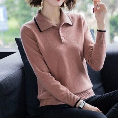 2021 Autumn Winter Women Sweater New Turn Down Collar Solid Color Long-sleeved Knit Pullover Sweater Jumper Female Tops Y166