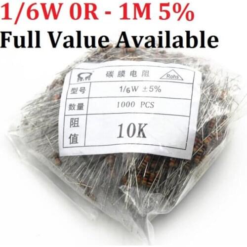 1000pcs 1/6W Carbon Film Resistor 1R - 1M 10K ohm 10K 4.7k 2.2K 1K 100K 1/8W Metal 3/5/6/7/8/9.1.2.3.4.5.6.7.8./K/R 220R