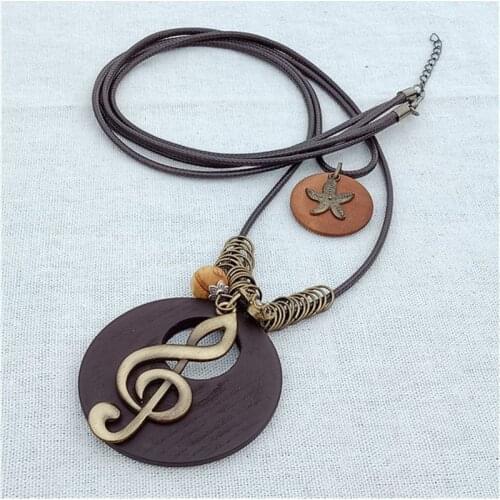 2018 New Vintage Long Necklace Fashion Handmade Jewelry wood Rope Leather geometry note beads jewelery collier femme kolye