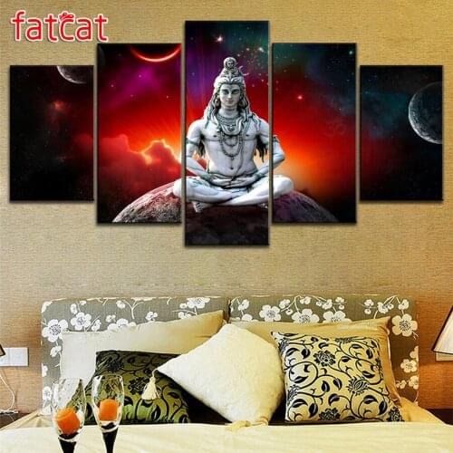 FATCAT 5 Panel Lord Shiva Landscape Starry Sky Diy Diamond Painting Full Square Round Drill Diamond Embroidery Sale AE1083
