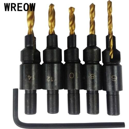 5Pcs Woodworkers Countersink Drill Bit Quick Change Hex Shank Set #6 #8 #10 #12 #14+Hex Wrench