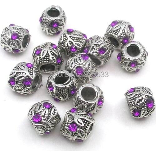 Free shipping 10x8mm purple rhinestone crystal antique silver plated alloy big hole beads fit European DIY bracelet jewelry