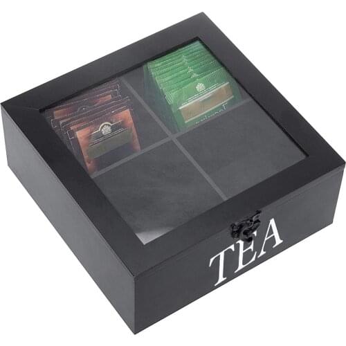 Wooden Tea Box With Lid 4 Grids Retro Style Coffee Tea Bag Storage Rack Storage Box Transparent Top Lid Multi-grid Cabinets Box