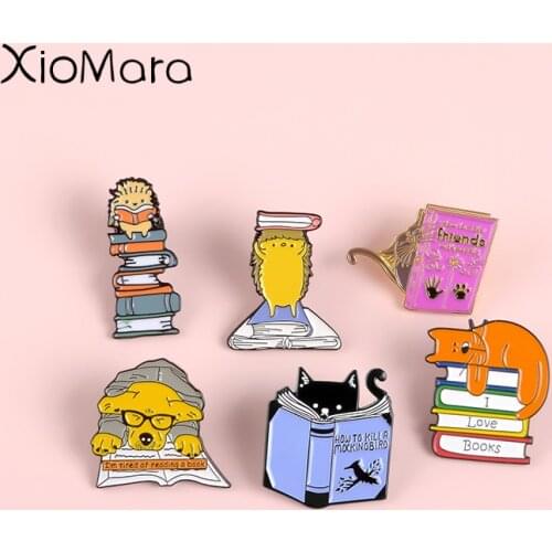 Animals And Books Enamel Pins Cartoon Cat Hedgehog Dog Read Books Brooches Animal Book Lovers Bookworm Badges Lapel pins