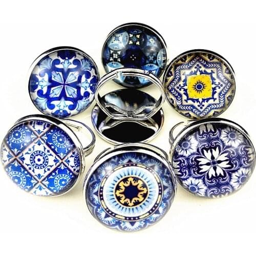 Jiangzimei 24pcs Blue and White Porcelain Design Ring Glass Cabochon finger ring for women Girl party gift Wholesale