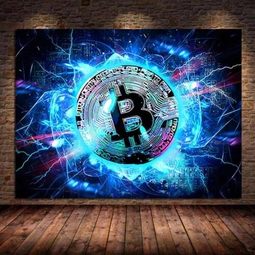 Modern abstract blue background canvas paintings and posters, stylish and creative Bitcoin art pictures for home decoration